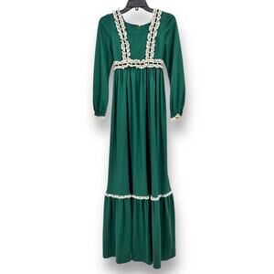 Vintage Handmade Polyester Prairie Dress Gown Womens Size Small Green White Lace